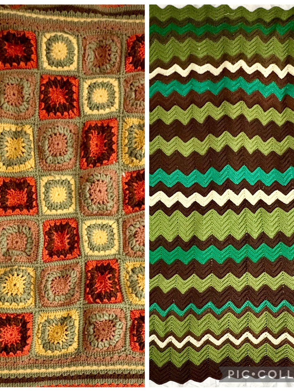 Two Vintage 70’s Handmade Granny Square Granny Stripe Crocheted Throw Blankets